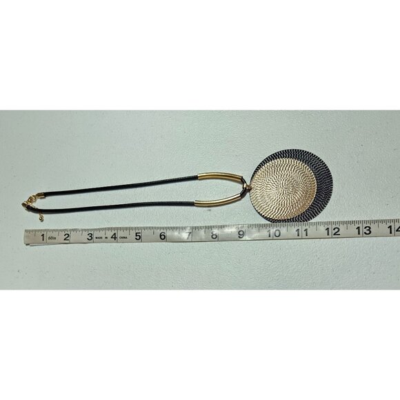 Bold Black Gold Textured Double Disc Pendant Necklace Statement Fashion Jewelry - Picture 5 of 6